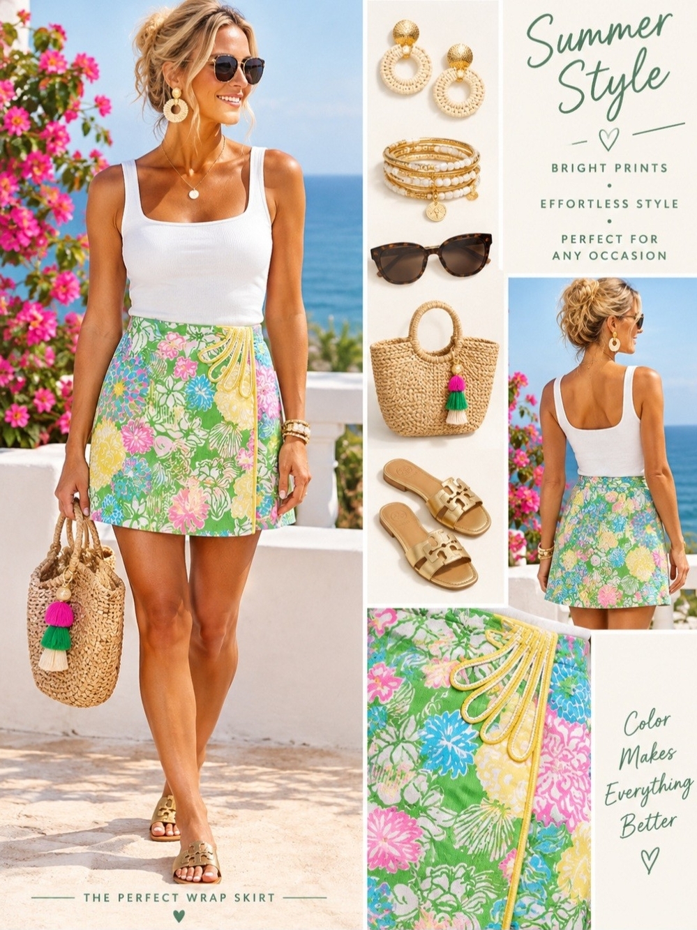 Lilly Pulitzer Jasmine Hibiscuis Green Floral Wrap Mini Skirt.